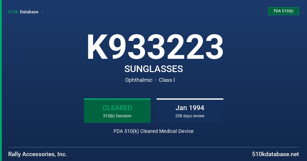 K933223 SUNGLASSES FDA 510(k) Cleared Medical Device