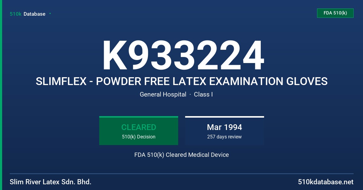 K933224 SLIMFLEX - POWDER FREE LATEX EXAMINATION GLOVES FDA 510(k) Cleared Medical Device