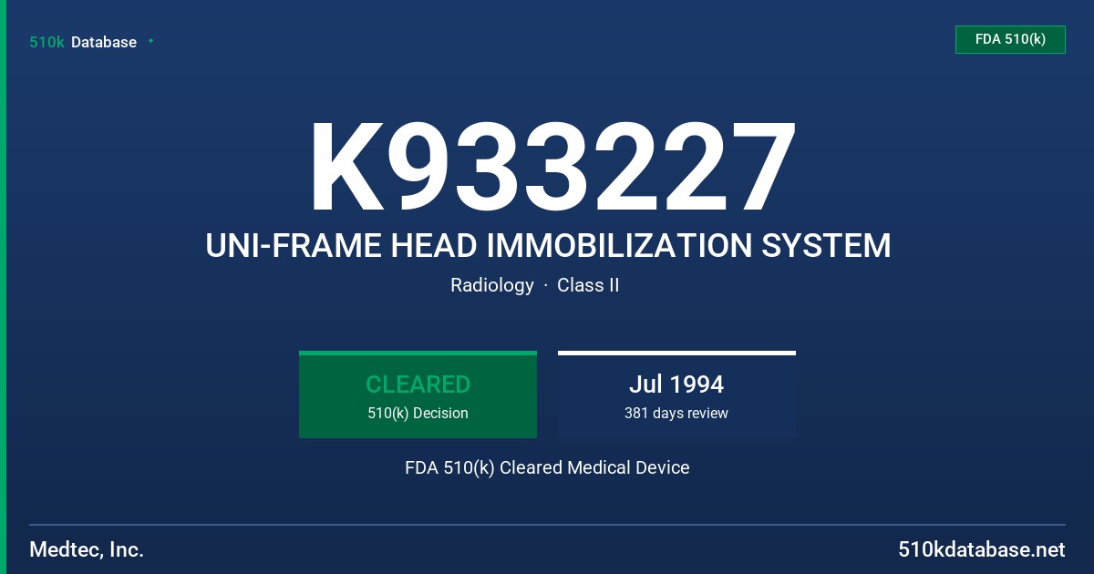 K933227 UNI-FRAME HEAD IMMOBILIZATION SYSTEM FDA 510(k) Cleared Medical Device