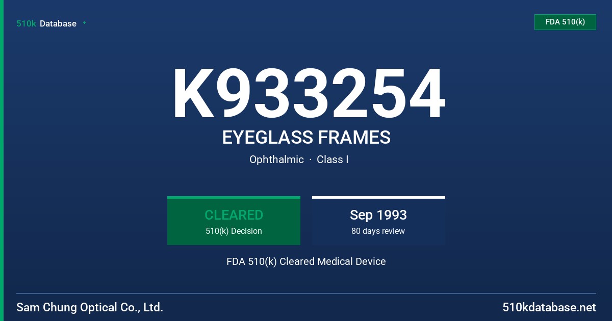 K933254 EYEGLASS FRAMES FDA 510(k) Cleared Medical Device