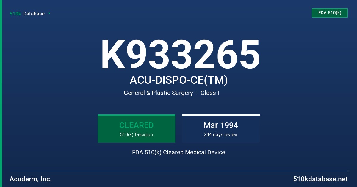 K933265 ACU-DISPO-CE(TM) FDA 510(k) Cleared Medical Device