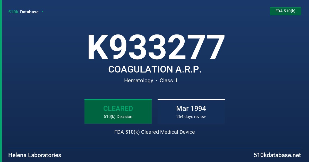 K933277 COAGULATION A.R.P. FDA 510(k) Cleared Medical Device