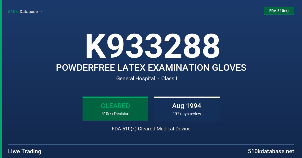 K933288 POWDERFREE LATEX EXAMINATION GLOVES FDA 510(k) Cleared Medical Device