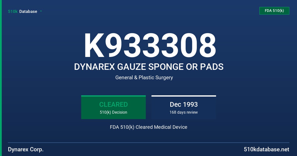 K933308 DYNAREX GAUZE SPONGE OR PADS FDA 510(k) Cleared Medical Device
