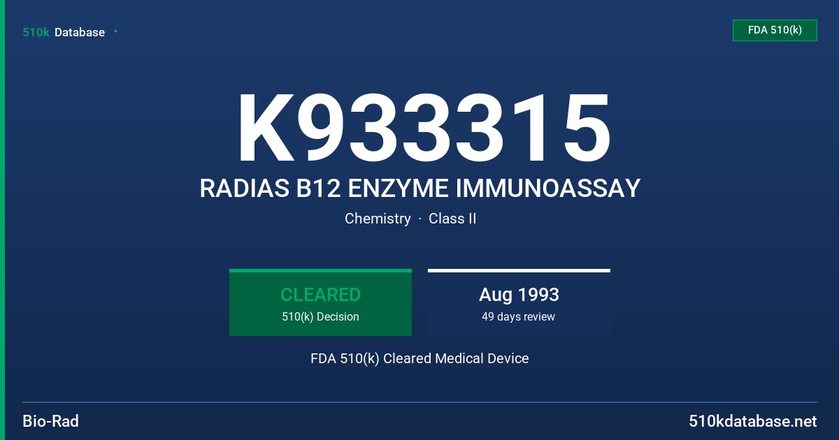 K933315 RADIAS B12 ENZYME IMMUNOASSAY FDA 510(k) Cleared Medical Device