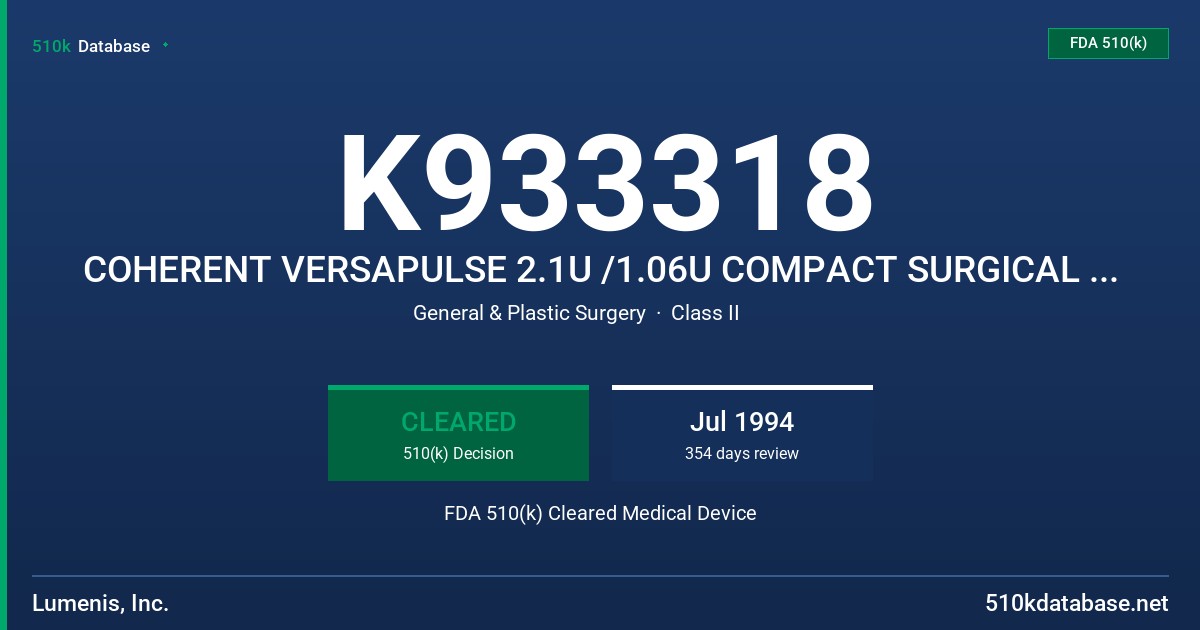 K933318 COHERENT VERSAPULSE 2.1U /1.06U COMPACT SURGICAL LASER, MODELS A & B FDA 510(k) Cleared Medical Device