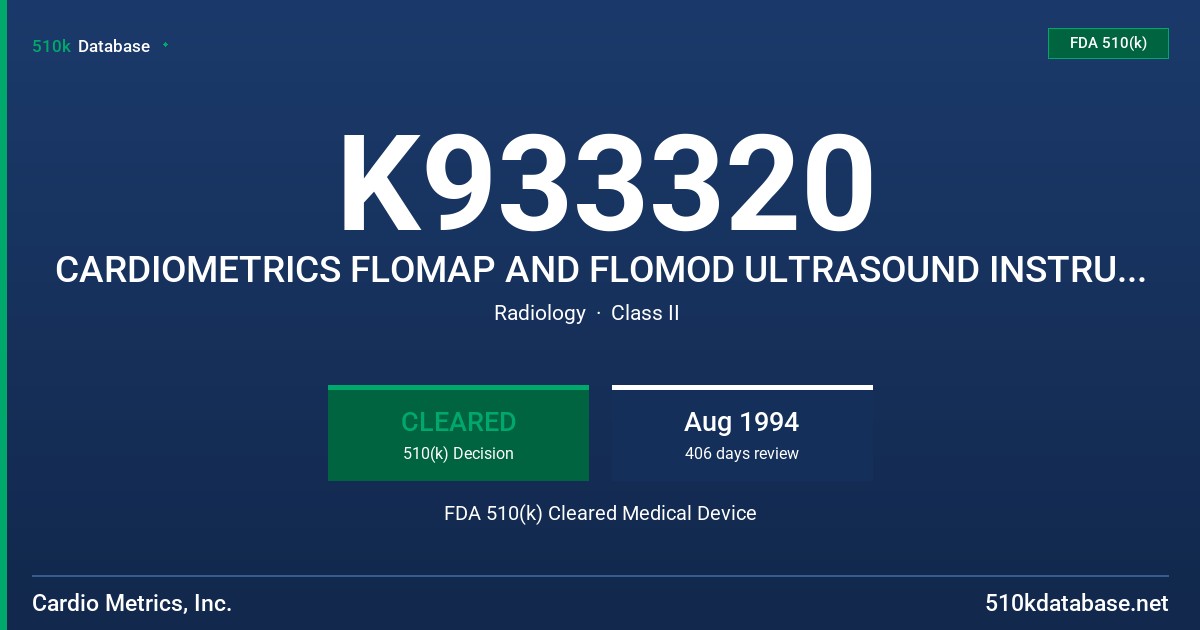 K933320 CARDIOMETRICS FLOMAP AND FLOMOD ULTRASOUND INSTRUMENT FDA 510(k) Cleared Medical Device