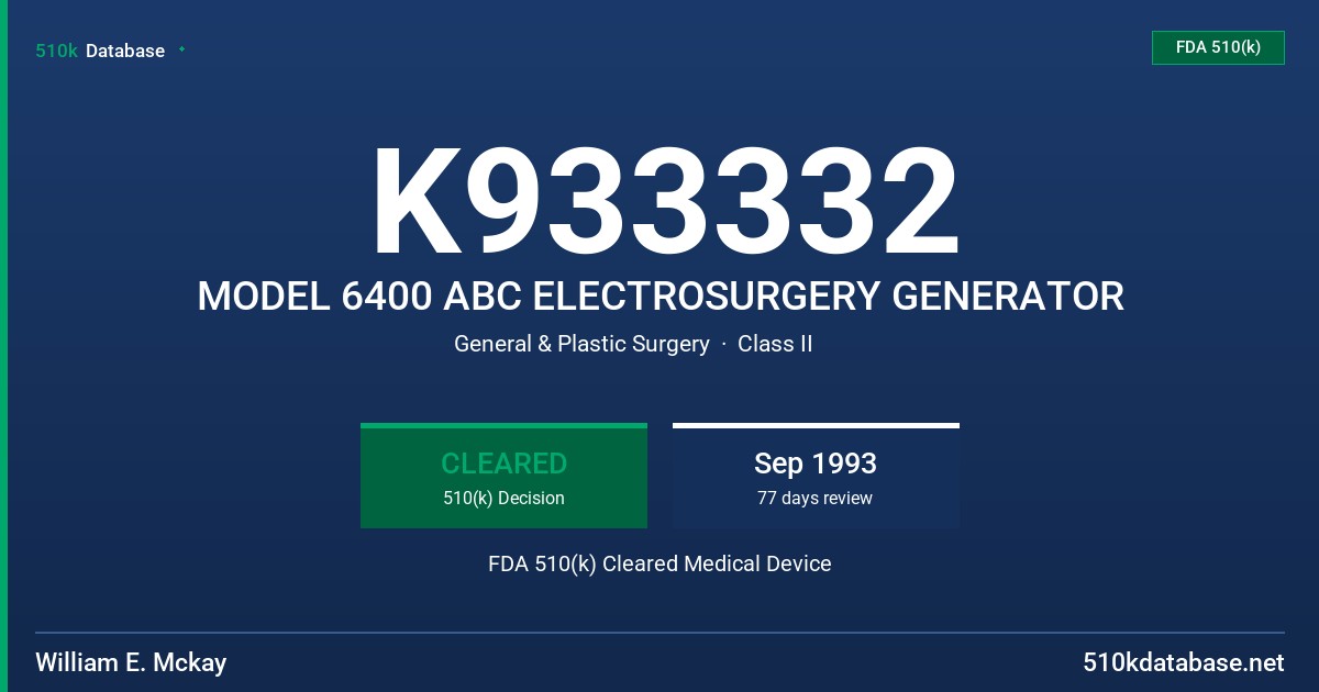 K933332 MODEL 6400 ABC ELECTROSURGERY GENERATOR FDA 510(k) Cleared Medical Device