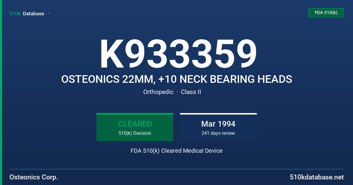 K933359 OSTEONICS 22MM, +10 NECK BEARING HEADS FDA 510(k) Cleared Medical Device