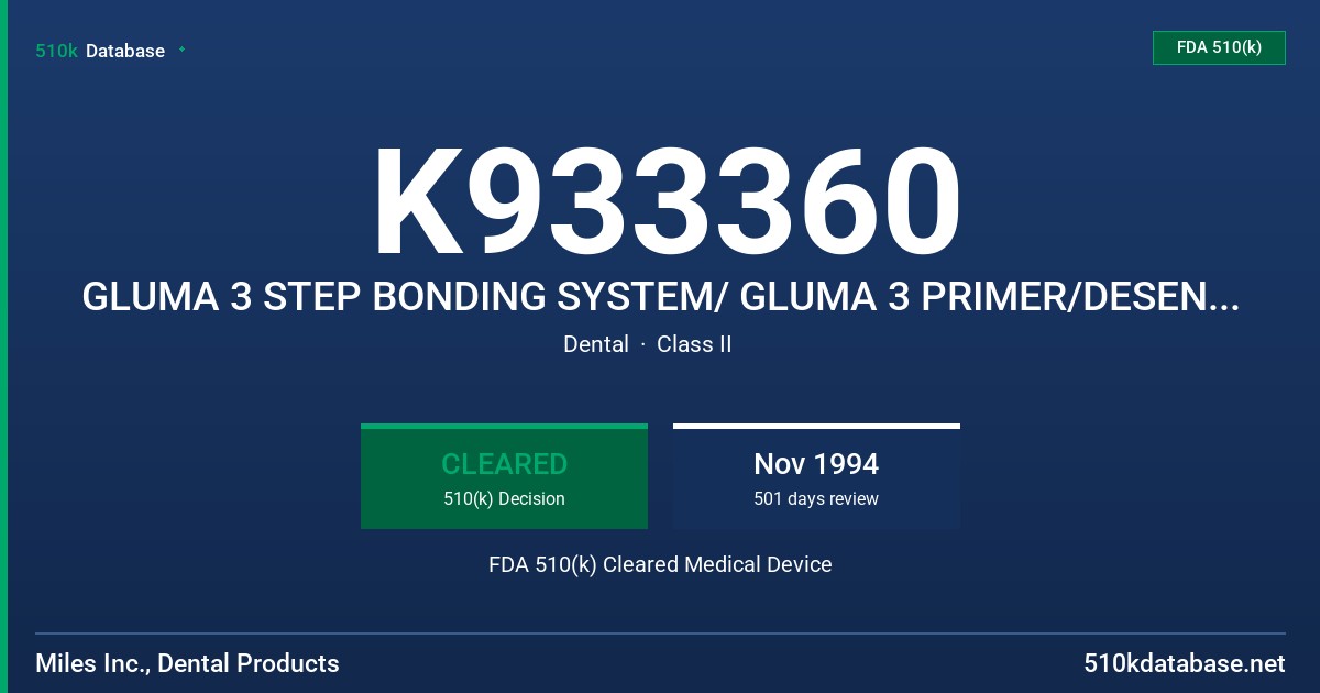 K933360 GLUMA 3 STEP BONDING SYSTEM/ GLUMA 3 PRIMER/DESENSITIZER FDA 510(k) Cleared Medical Device