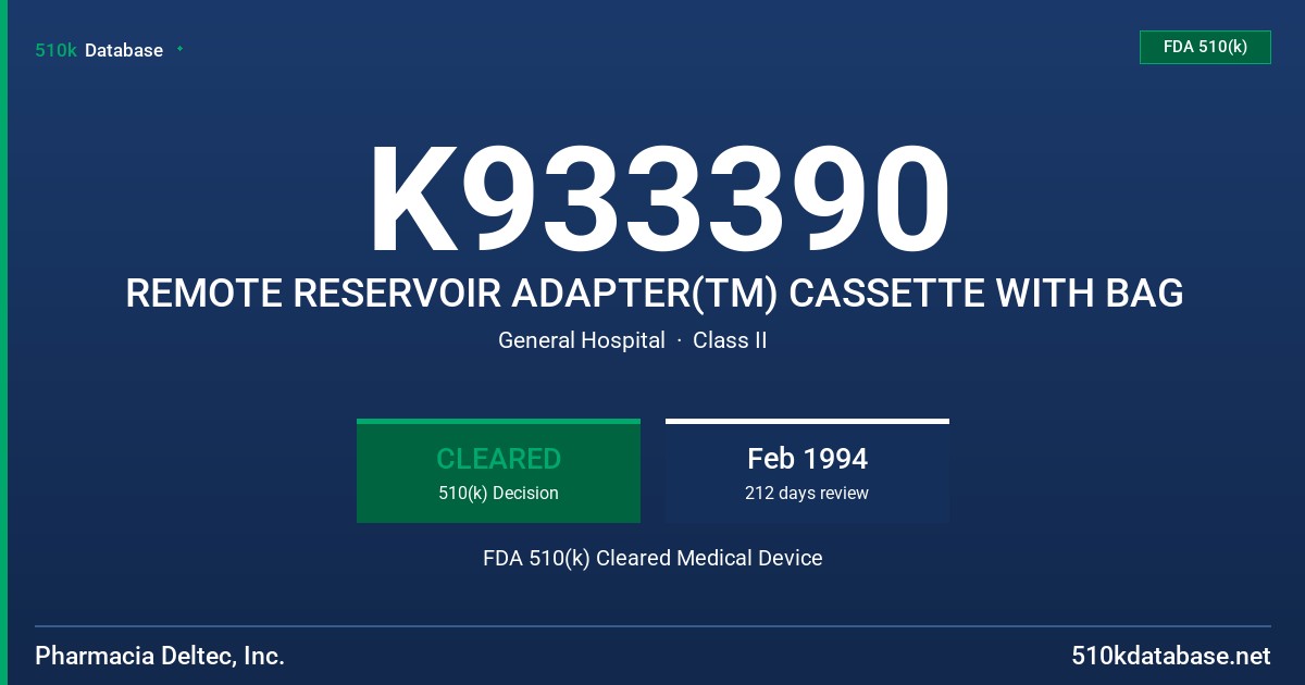 K933390 REMOTE RESERVOIR ADAPTER(TM) CASSETTE WITH BAG FDA 510(k) Cleared Medical Device