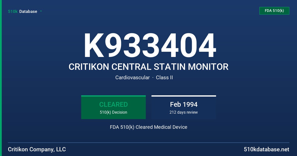 K933404 CRITIKON CENTRAL STATIN MONITOR FDA 510(k) Cleared Medical Device