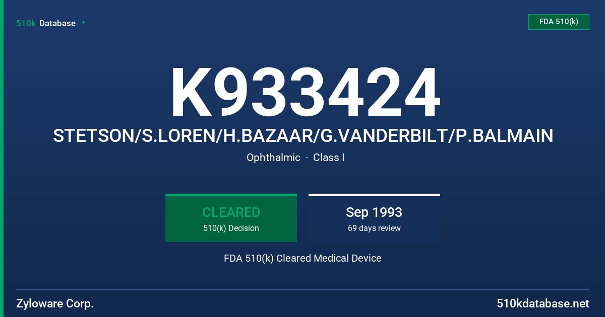 K933424 STETSON/S.LOREN/H.BAZAAR/G.VANDERBILT/P.BALMAIN FDA 510(k) Cleared Medical Device