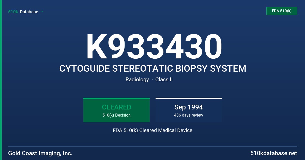 K933430 CYTOGUIDE STEREOTATIC BIOPSY SYSTEM FDA 510(k) Cleared Medical Device