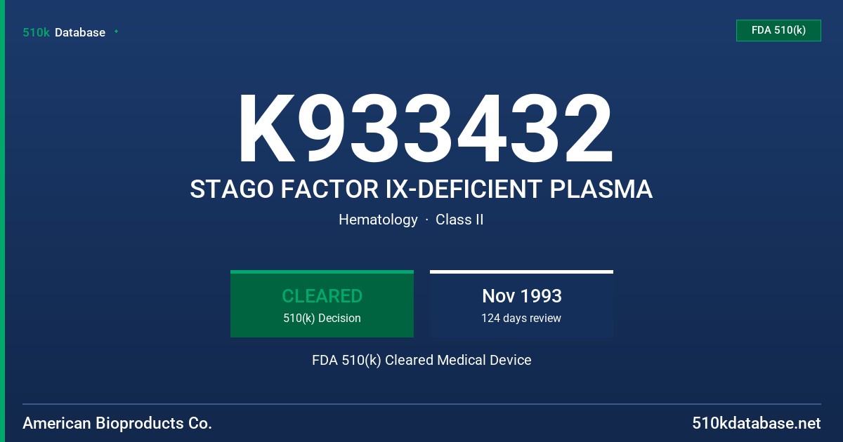 K933432 STAGO FACTOR IX-DEFICIENT PLASMA FDA 510(k) Cleared Medical Device