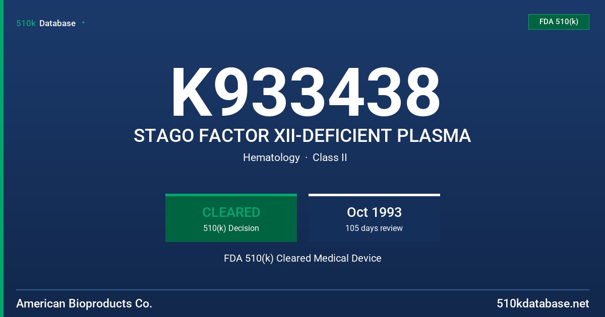 K933438 STAGO FACTOR XII-DEFICIENT PLASMA FDA 510(k) Cleared Medical Device