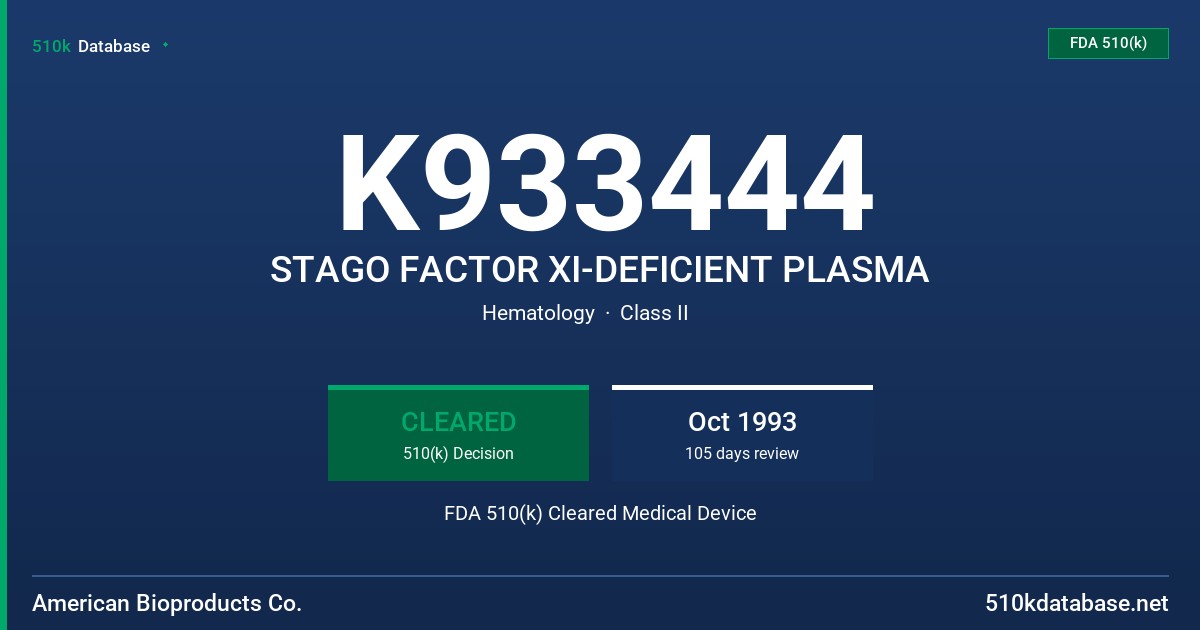 K933444 STAGO FACTOR XI-DEFICIENT PLASMA FDA 510(k) Cleared Medical Device