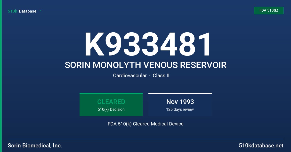 K933481 SORIN MONOLYTH VENOUS RESERVOIR FDA 510(k) Cleared Medical Device