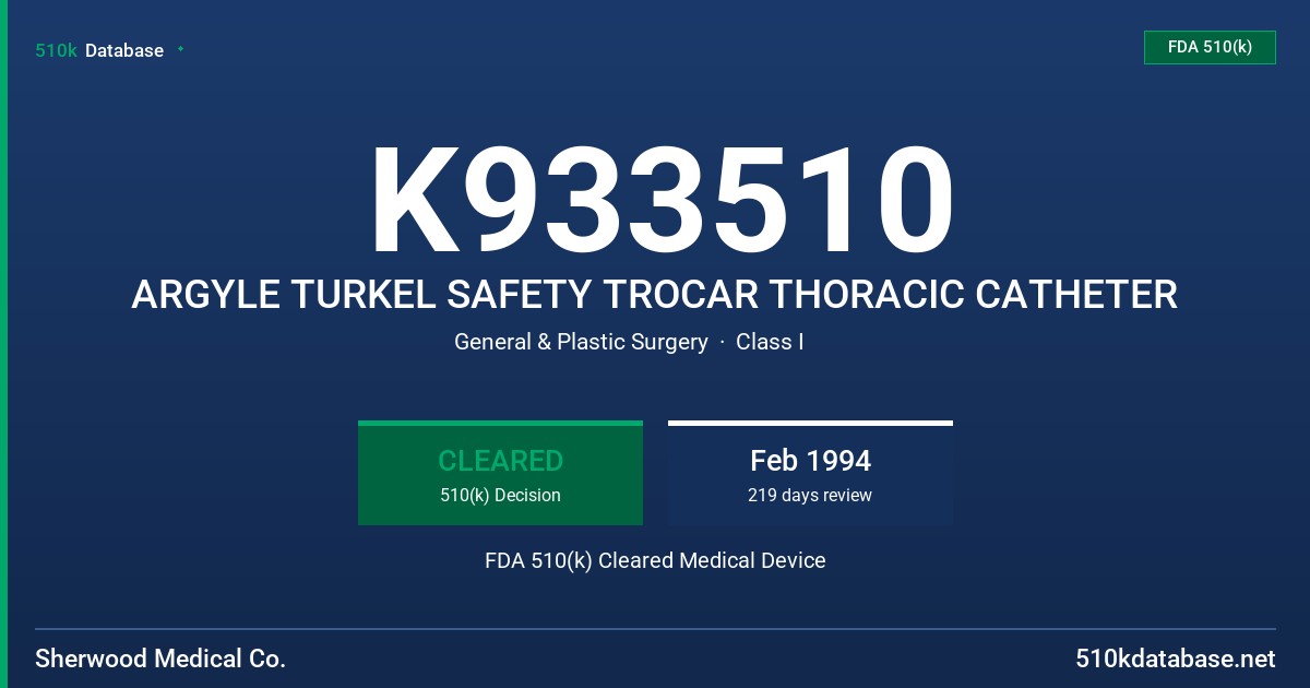 K933510 ARGYLE TURKEL SAFETY TROCAR THORACIC CATHETER FDA 510(k) Cleared Medical Device