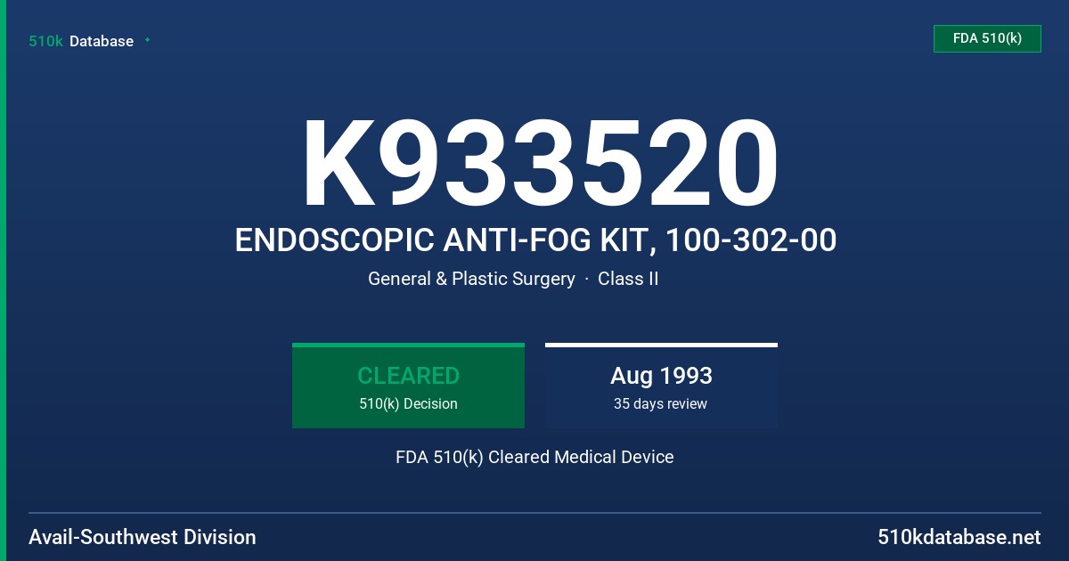K933520 ENDOSCOPIC ANTI-FOG KIT, 100-302-00 FDA 510(k) Cleared Medical Device