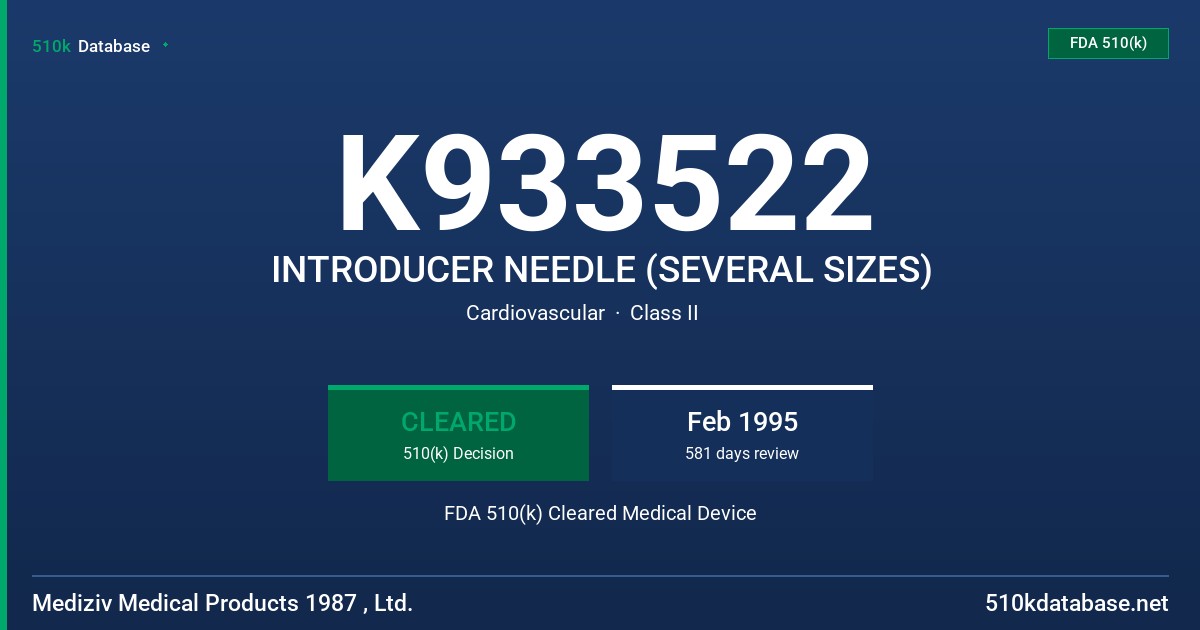 K933522 INTRODUCER NEEDLE (SEVERAL SIZES) FDA 510(k) Cleared Medical Device