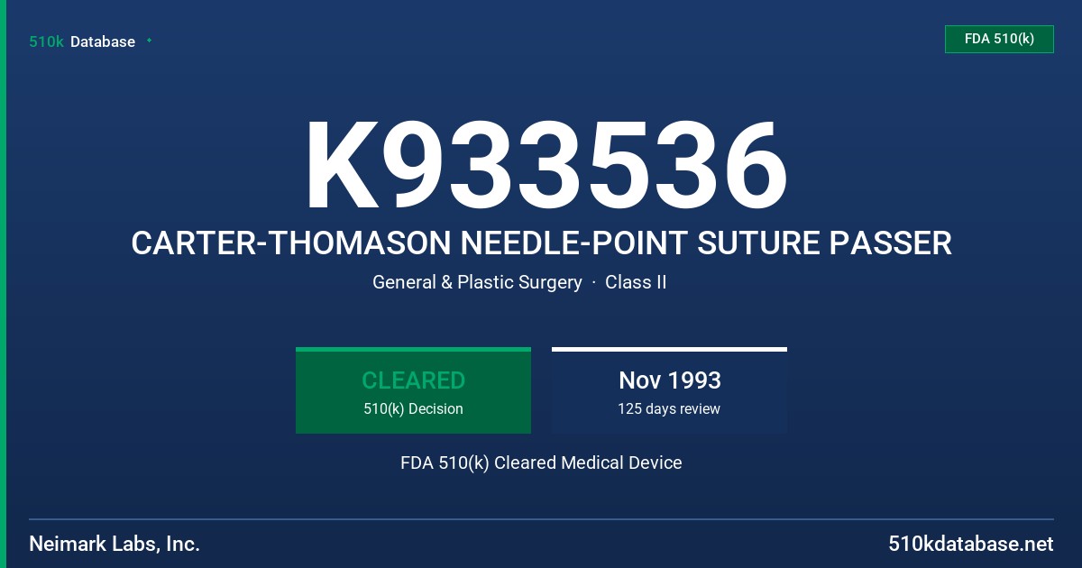 K933536 CARTER-THOMASON NEEDLE-POINT SUTURE PASSER FDA 510(k) Cleared Medical Device