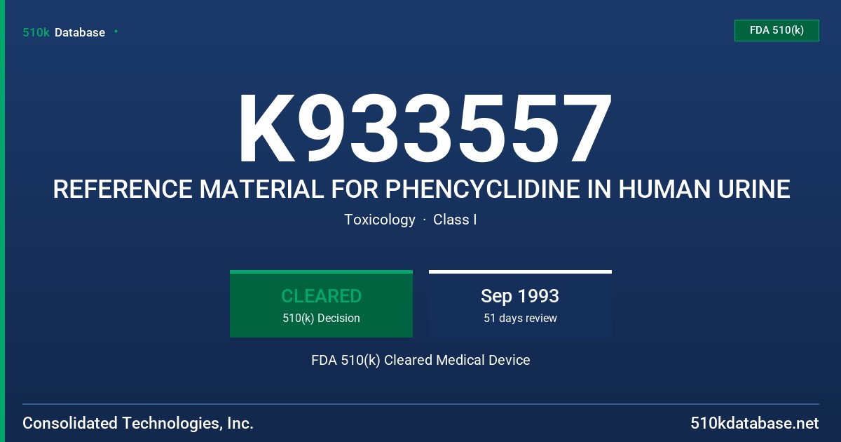 K933557 REFERENCE MATERIAL FOR PHENCYCLIDINE IN HUMAN URINE FDA 510(k) Cleared Medical Device