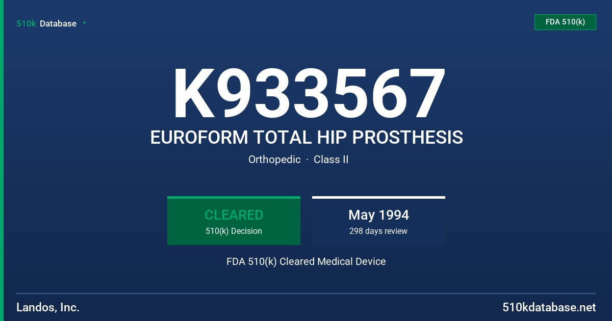 K933567 EUROFORM TOTAL HIP PROSTHESIS FDA 510(k) Cleared Medical Device