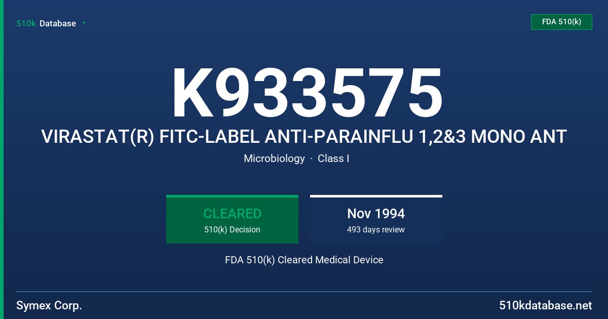 K933575 VIRASTAT(R) FITC-LABEL ANTI-PARAINFLU 1,2&3 MONO ANT FDA 510(k) Cleared Medical Device