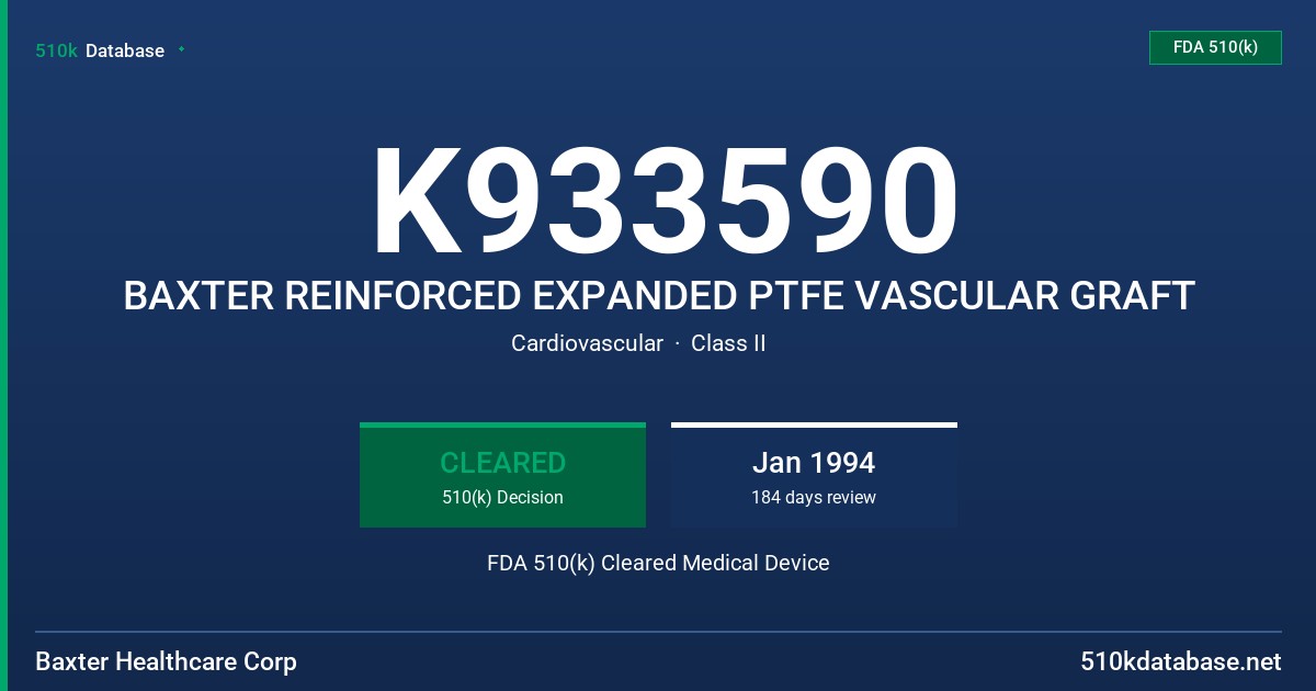 K933590 BAXTER REINFORCED EXPANDED PTFE VASCULAR GRAFT FDA 510(k) Cleared Medical Device