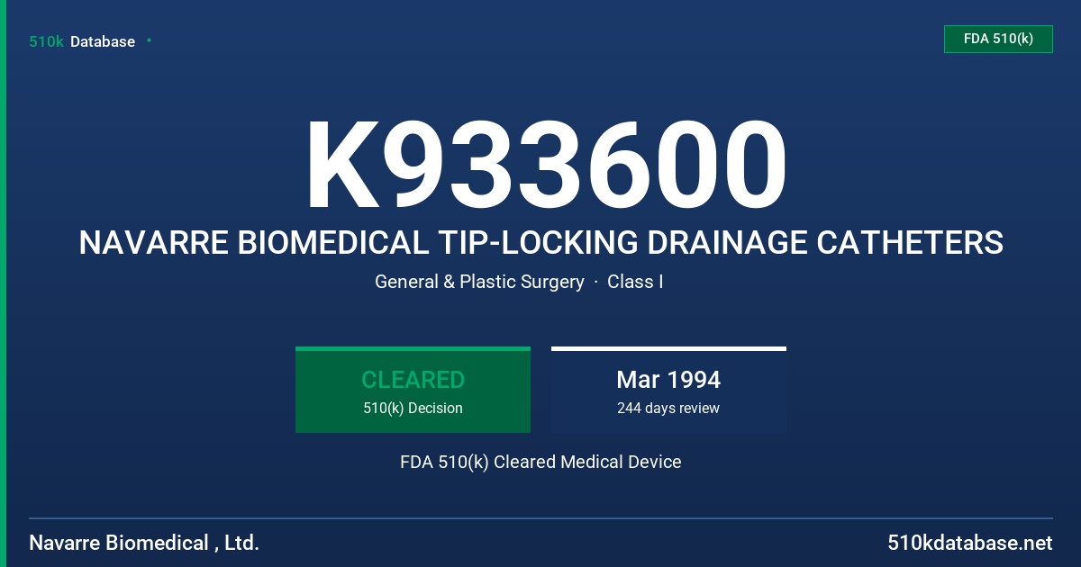 K933600 NAVARRE BIOMEDICAL TIP-LOCKING DRAINAGE CATHETERS FDA 510(k) Cleared Medical Device
