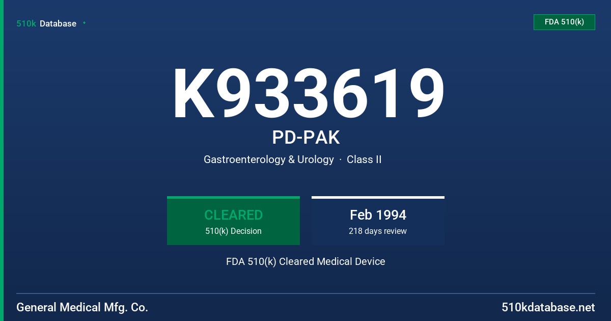 K933619 PD-PAK FDA 510(k) Cleared Medical Device