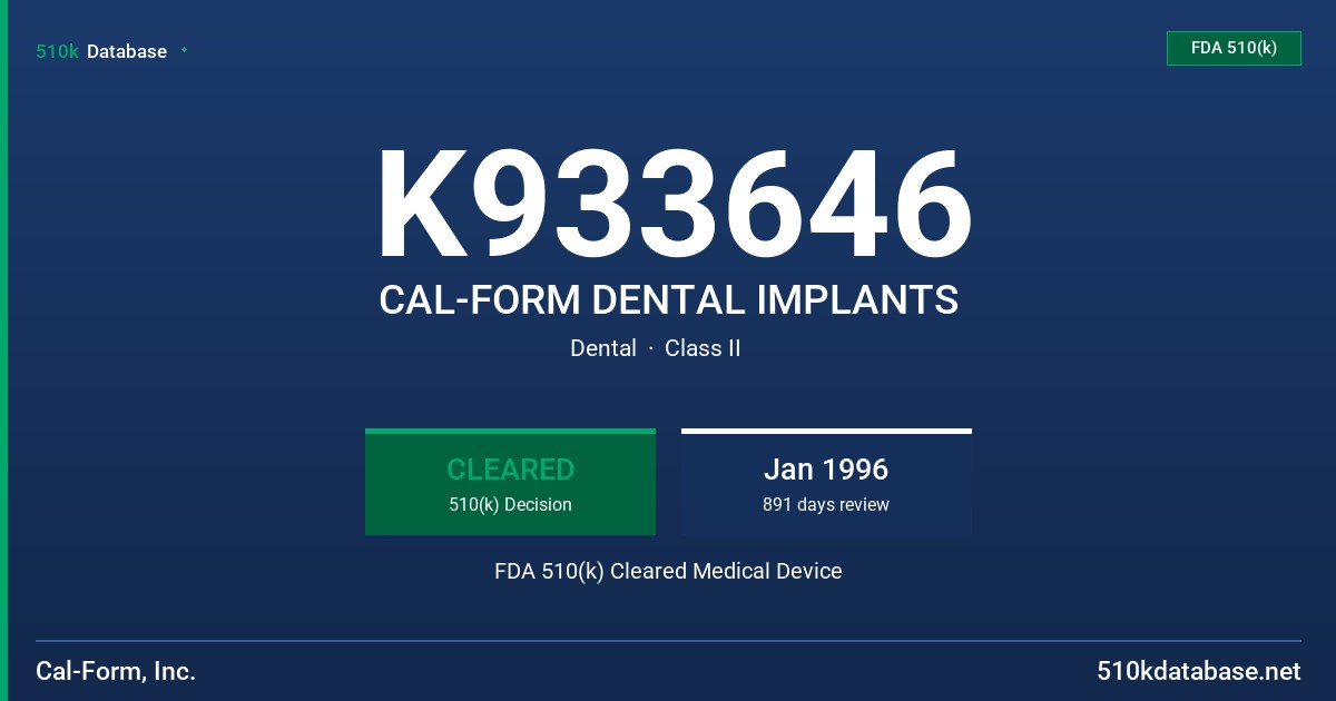 K933646 CAL-FORM DENTAL IMPLANTS FDA 510(k) Cleared Medical Device