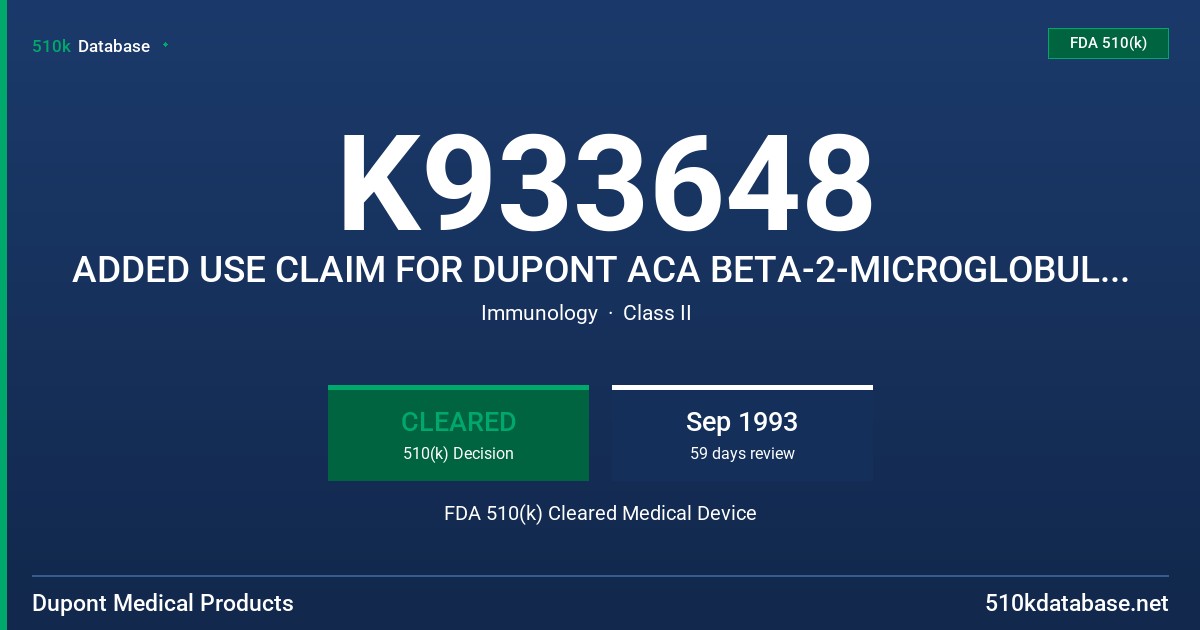 K933648 ADDED USE CLAIM FOR DUPONT ACA BETA-2-MICROGLOBULIN TEST PACK FDA 510(k) Cleared Medical Device