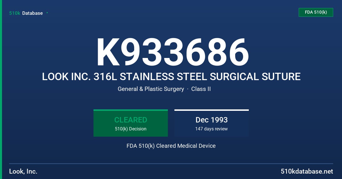 K933686 LOOK INC. 316L STAINLESS STEEL SURGICAL SUTURE FDA 510(k) Cleared Medical Device