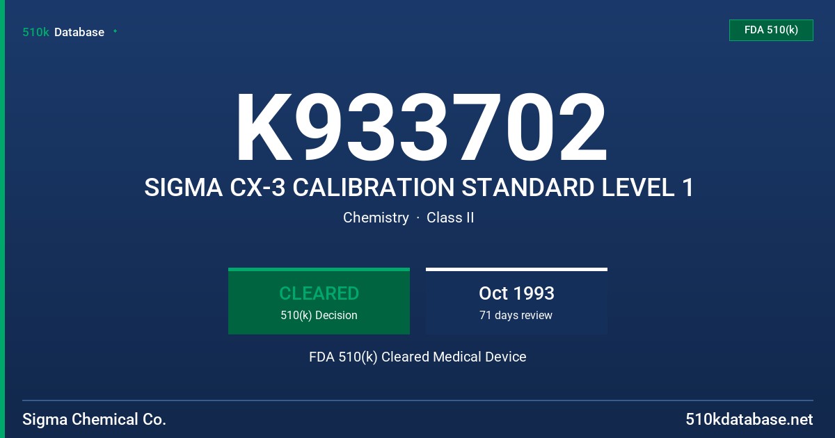K933702 SIGMA CX-3 CALIBRATION STANDARD LEVEL 1 FDA 510(k) Cleared Medical Device