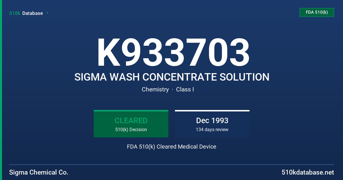 K933703 SIGMA WASH CONCENTRATE SOLUTION FDA 510(k) Cleared Medical Device