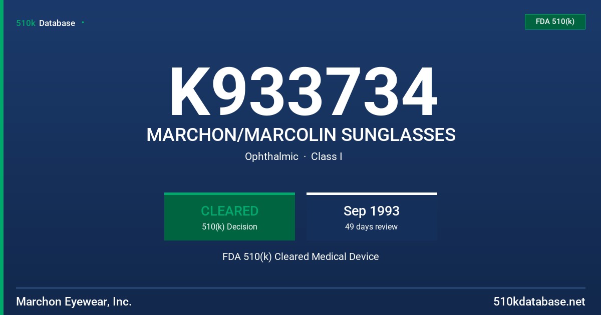 K933734 MARCHON/MARCOLIN SUNGLASSES FDA 510(k) Cleared Medical Device