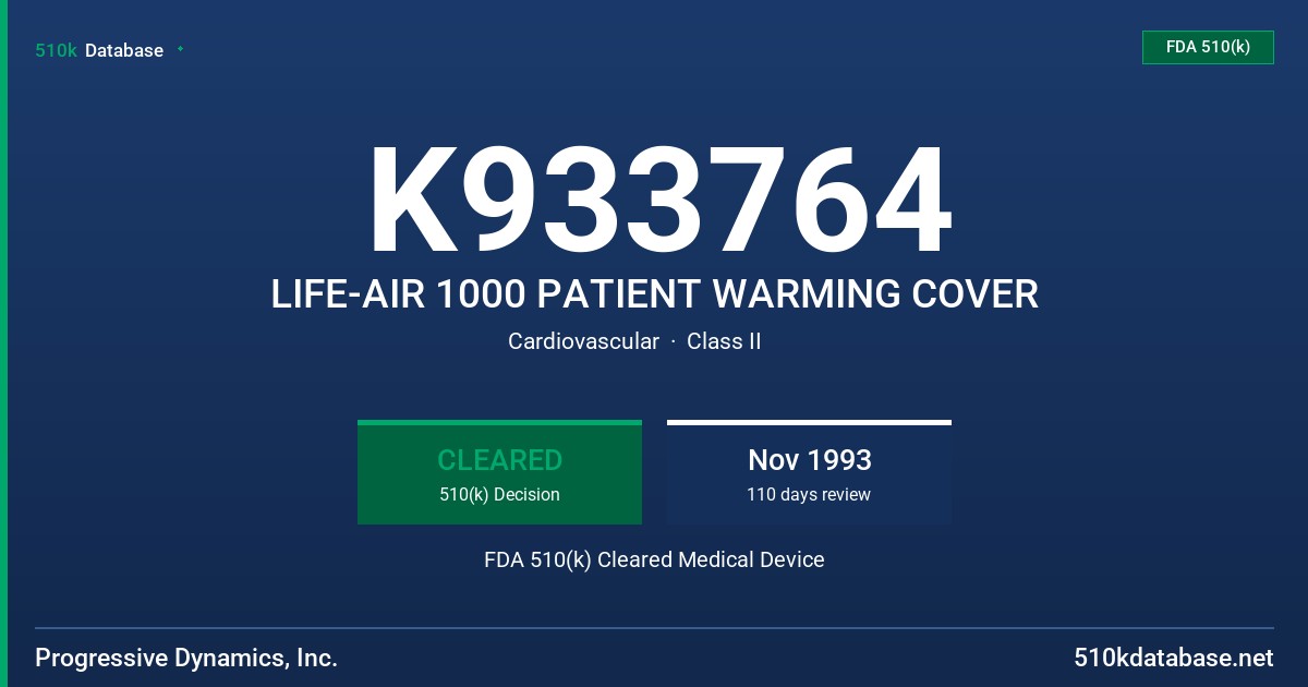 K933764 LIFE-AIR 1000 PATIENT WARMING COVER FDA 510(k) Cleared Medical Device