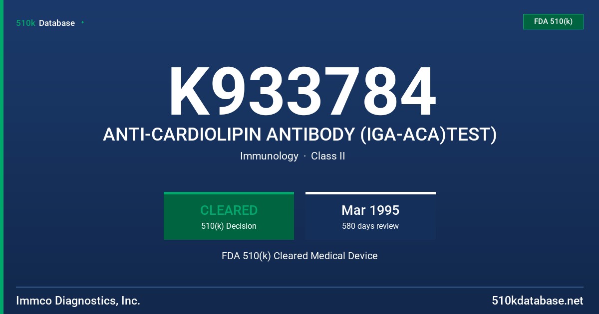 K933784 ANTI-CARDIOLIPIN ANTIBODY (IGA-ACA)TEST) FDA 510(k) Cleared Medical Device