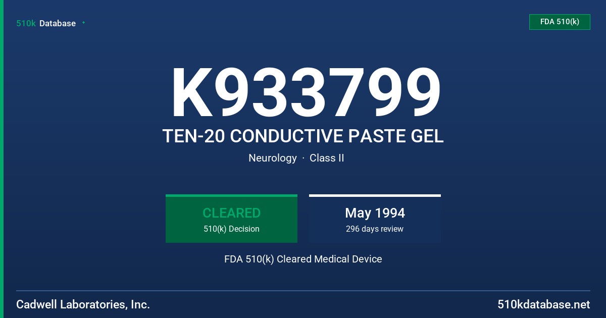 K933799 TEN-20 CONDUCTIVE PASTE GEL FDA 510(k) Cleared Medical Device