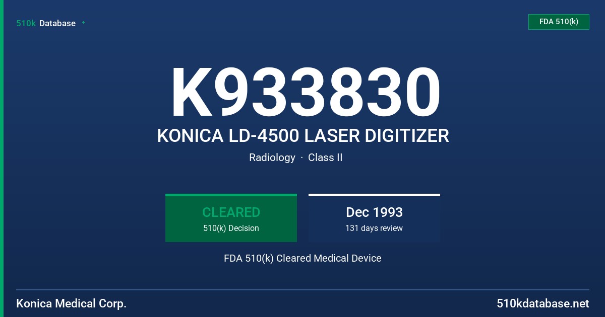 K933830 KONICA LD-4500 LASER DIGITIZER FDA 510(k) Cleared Medical Device