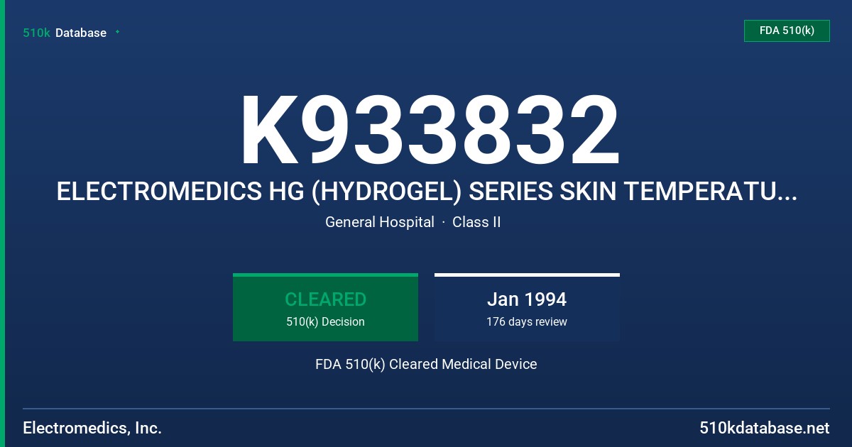 K933832 ELECTROMEDICS HG (HYDROGEL) SERIES SKIN TEMPERATURE SENSOR FDA 510(k) Cleared Medical Device