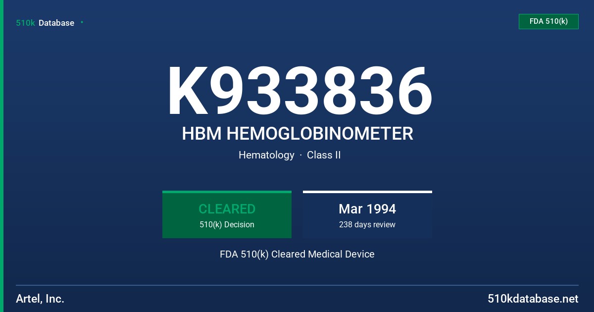 K933836 HBM HEMOGLOBINOMETER FDA 510(k) Cleared Medical Device