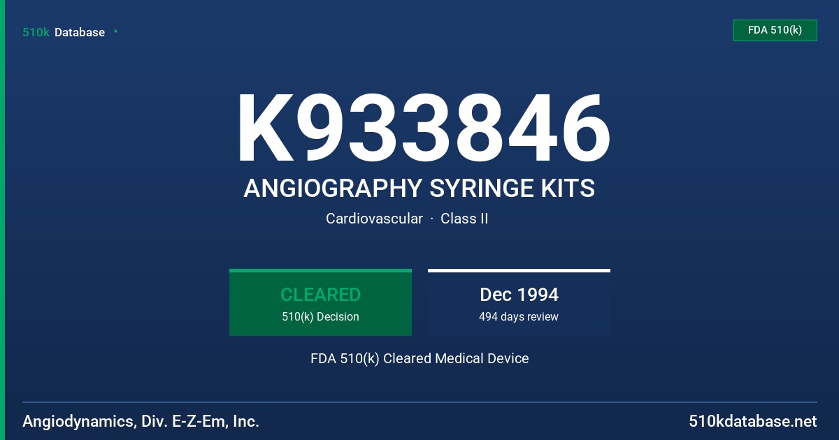 K933846 ANGIOGRAPHY SYRINGE KITS FDA 510(k) Cleared Medical Device