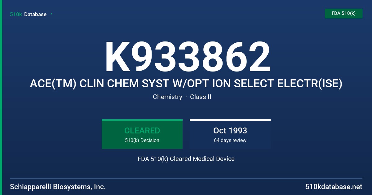 K933862 ACE(TM) CLIN CHEM SYST W/OPT ION SELECT ELECTR(ISE) FDA 510(k) Cleared Medical Device