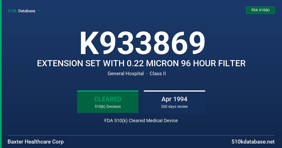 K933869 EXTENSION SET WITH 0.22 MICRON 96 HOUR FILTER FDA 510(k) Cleared Medical Device
