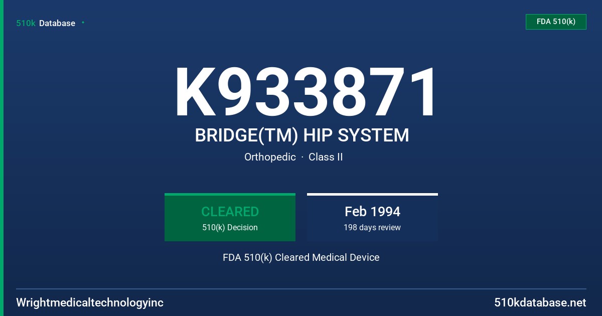 K933871 BRIDGE(TM) HIP SYSTEM FDA 510(k) Cleared Medical Device