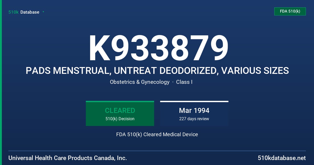 K933879 PADS MENSTRUAL, UNTREAT DEODORIZED, VARIOUS SIZES FDA 510(k) Cleared Medical Device