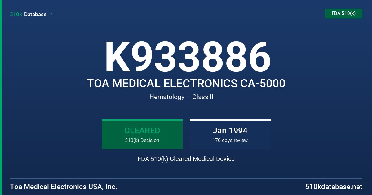 K933886 TOA MEDICAL ELECTRONICS CA-5000 FDA 510(k) Cleared Medical Device